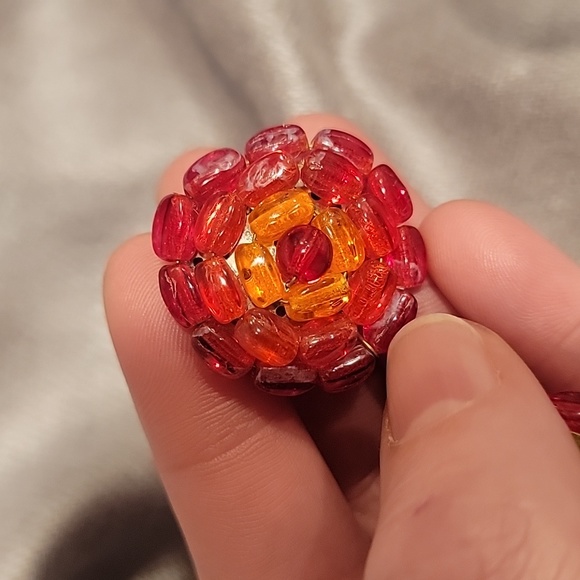 Made In Western Germany Vtg Clipon Earrings Gold Tone, Red Beaded Cluster Signed - Picture 10 of 11